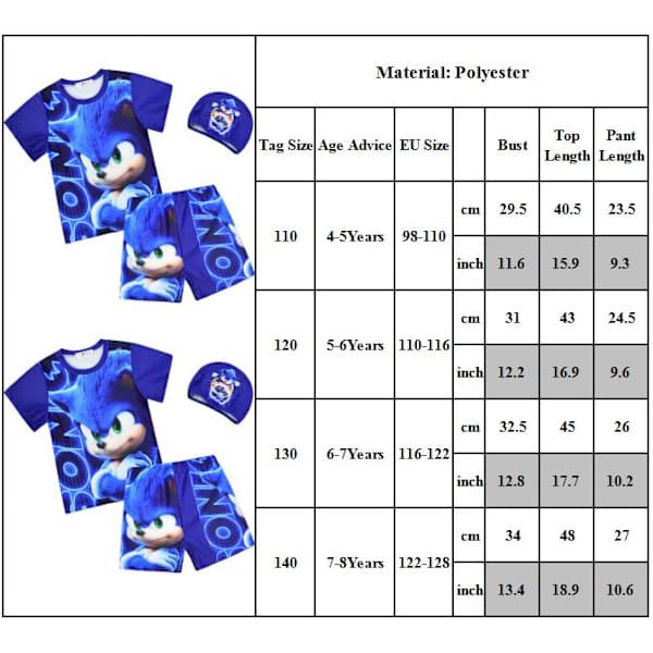 Sonic Barn Sommarbadkläder 3 Delar Toppar och Shorts Med Hatt 110cm 110cm
