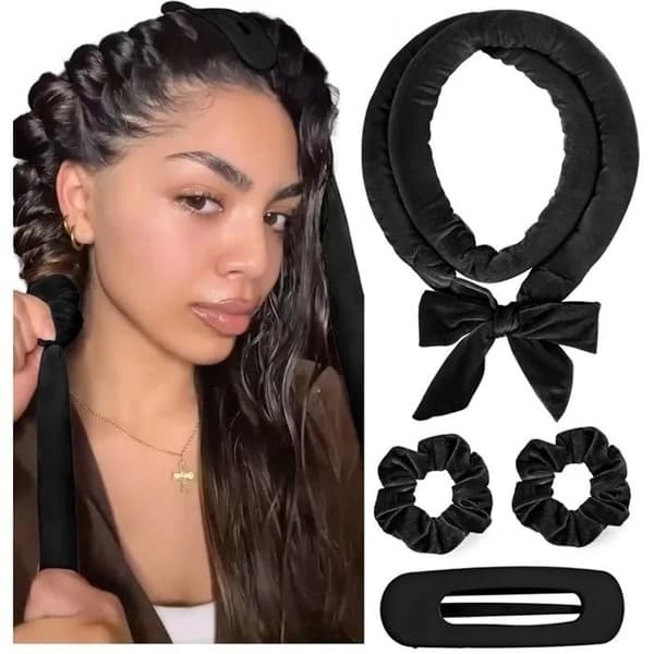 Varmeløs hårkrøller, 4-delt tilbehørssett, krøllebånd med scrunchies og klips, svart