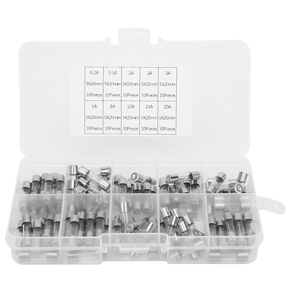 Glassikring Assorteret Sæt 100 stk 5 x 20mm 0,2 til 20AMP Industrielle Forbrugsvarer