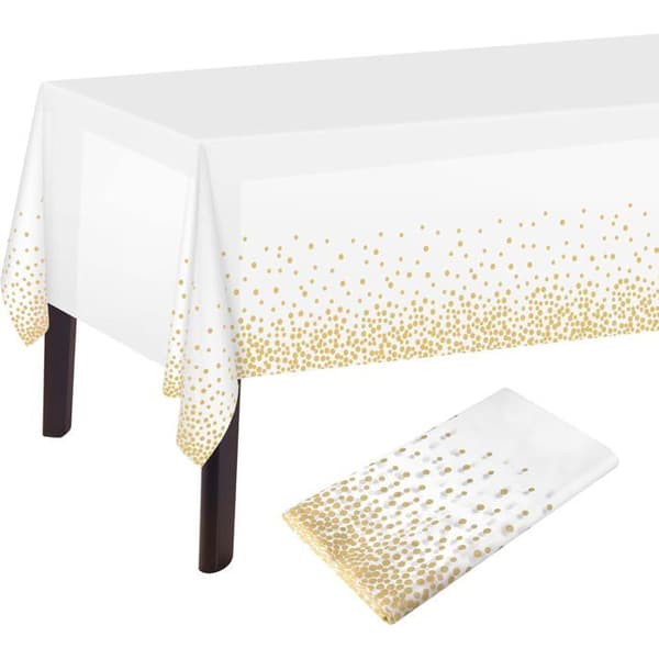 Hvid og guld prikket dug, 137 x 274 cm, rektangulær plastikdug