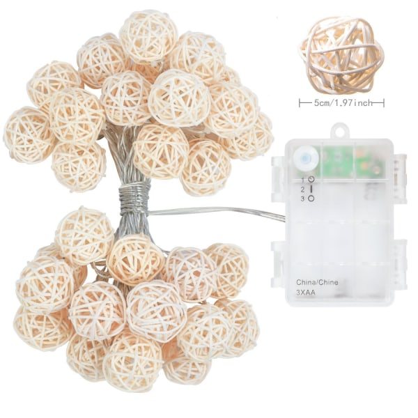 Rattan kugle LED-lyskæde, 20 LED-kuglelys dekorative 5 cm
