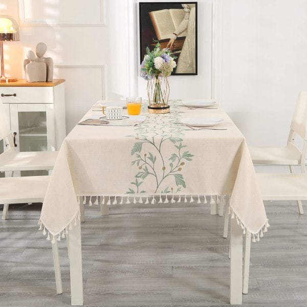 Rektangulär Bomullslinne Dukskydd Dammtät Tvättad Beige Dukskydd med Fransar Gröna Broderade Blad för Kök Matplats Fest