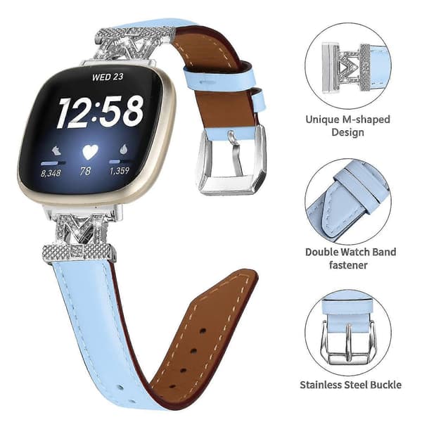 Ægte læderrem i koskind med M-form til Fitbit Versa 3/Versa 4/Sense/Sense 2 Blue Fitbit Versa 3