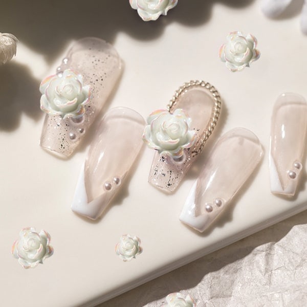 Nail Art 3D Resin Vit Ros Blomdesign Aurora Kronblad Nagelform9