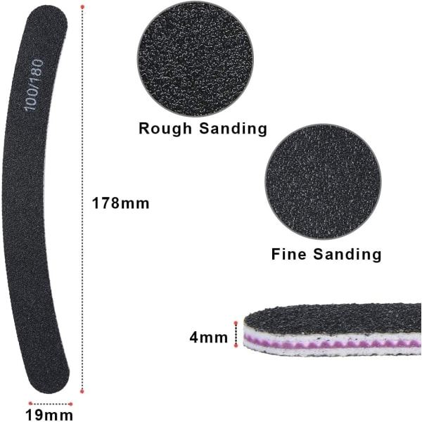 15 stk. Neglefiler Profesjonelt Sett Buede Neglefiler 100/180 Korn Dobbeltsidig Smirkelbrett Manikyrverktøy for Hjem og Salongbruk B15 Pcs Curved  Black