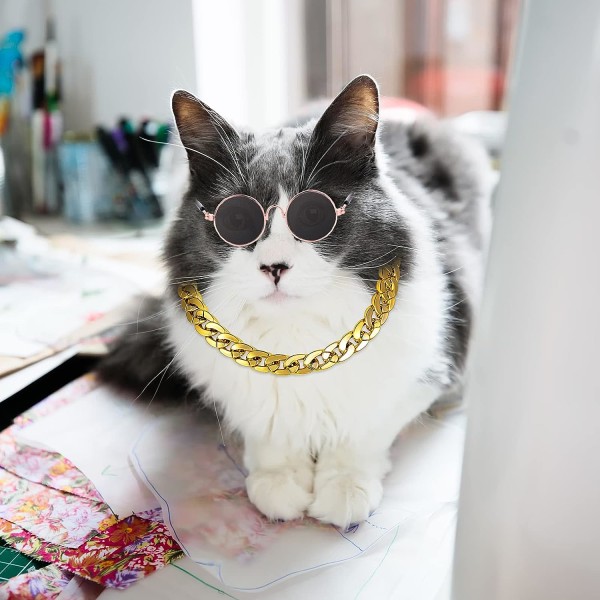 Cat Solbriller Gullkjede Kostymedekorasjoner- Katt UV-beskyttelse Klassisk Retro Valp Retro Svarte Solbriller Faux Gold Justerbar kjede Fotorekvisitter