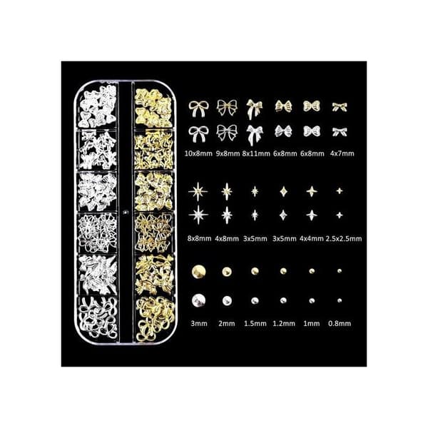 Neglepynt - Sæt med 3 æsker - 36 assorterede designs - Guld- og sølvstjerner - Sløjfer og perler