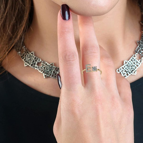 26 kirjainta sormukset naisille - timantti tekojalokivi nastoitettu zirkonia avoimet säädettävät sormukset korut lisävarusteet lahjat (e, Adjust)