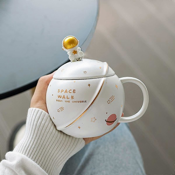 Sød Astronaut Krus med Låg og Ske, Kawaii Kop Nyhedskrus til Kaffe, Te og Mælk, Krus Gave
