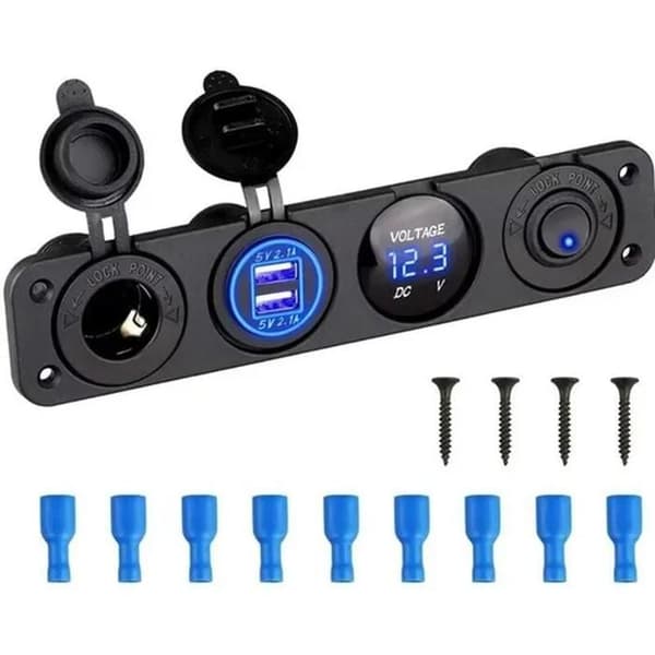 4-i-1 Marine Afbryderpanel, 12V 4.2A Dobbelt USB-opladerudtag og LED Voltmeter og Cigartænder -