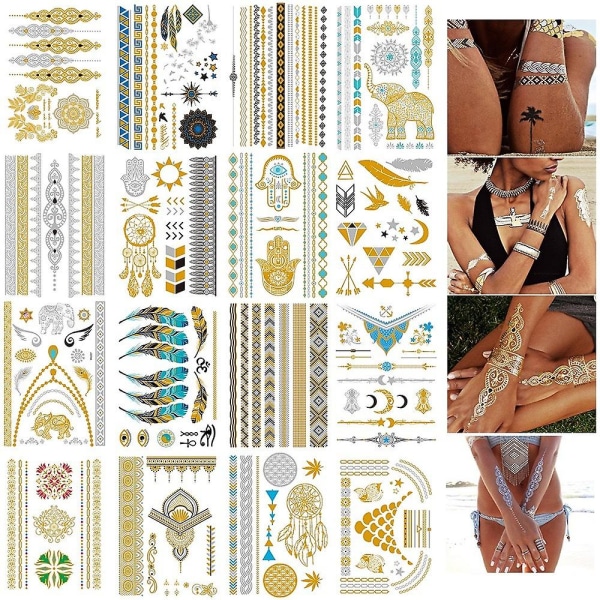 16 ark glittertatueringar för kvinnor, tonåringar och flickor - guld, silver, tillfälliga tatueringar med glitter och skimrande mönster, smyckestatueringar, flash-tatueringar, vattentäta