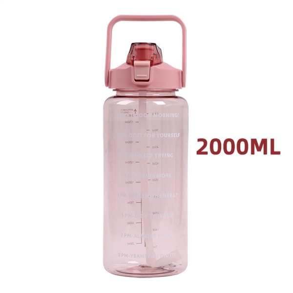 2 liters vattenflaska med sugrör Stor bärbar sportvattenkopp Rosa 2000ml Pink