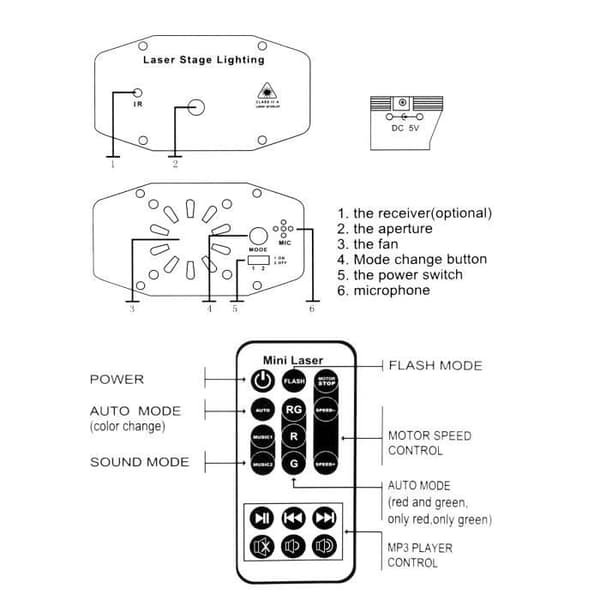 Minilasprojektor - 100mw - Röd och Grön - Fjärrkontroll - Automatiska Effekter