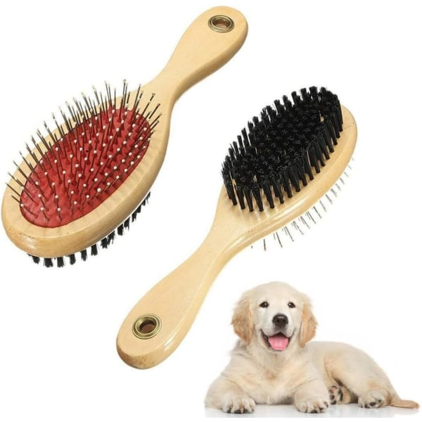 Hundebørste i tre Dobbeltsidig pleiebørste for kjæledyrhår, pleieverktøy for hundekam og børste, rengjøring for hunder og katter med langt eller kort hår - L (rød)