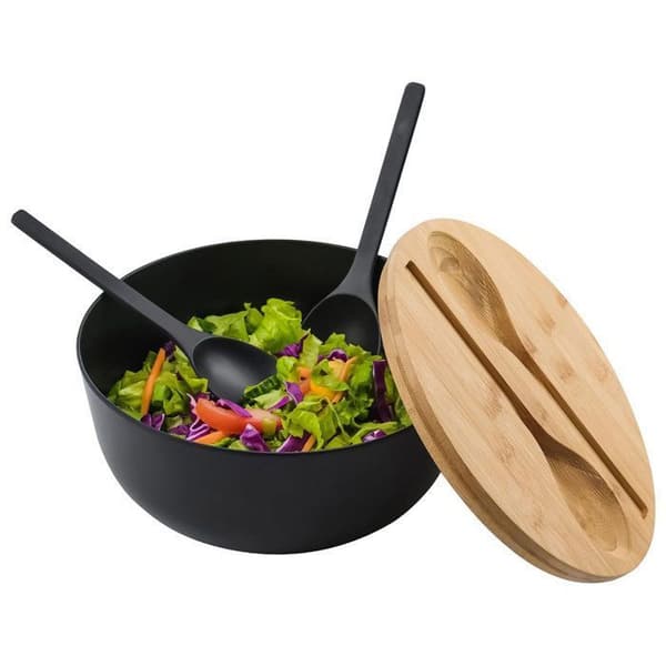 1 salladsskål + bambu + 9,8 tum + svart + bestick ingår + miljövänlig + för sallader och vardagsmåltider.