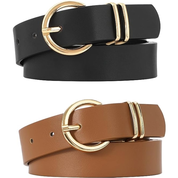 Dam läderbälten för jeans klänningar mode guld spänne dam midjebälte, 2-pack (svart+brun)