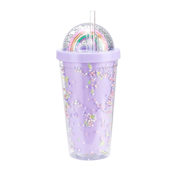 550 ml sateenkaari muovivesipullo kaksinkertainen helmijuomakupillinen oljella naisille tytölle lahjaksi Purple