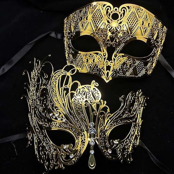 Svart Silver Guld Metall Filigran Laser Skuren Par Venetian Mask Bröllop Boll Mask Halloween Maskerad Kostym Masker Set Gold