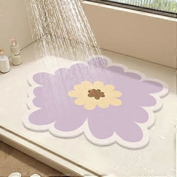 Rund Duschmatta Blomma Badmatta för Inuti Duschen, PVC Loofah Badrumsmatta, Halksäker Badmatta Anti-Mögel Duschmatta med Avlopp, Snabbtorkande Purple 70x70cm