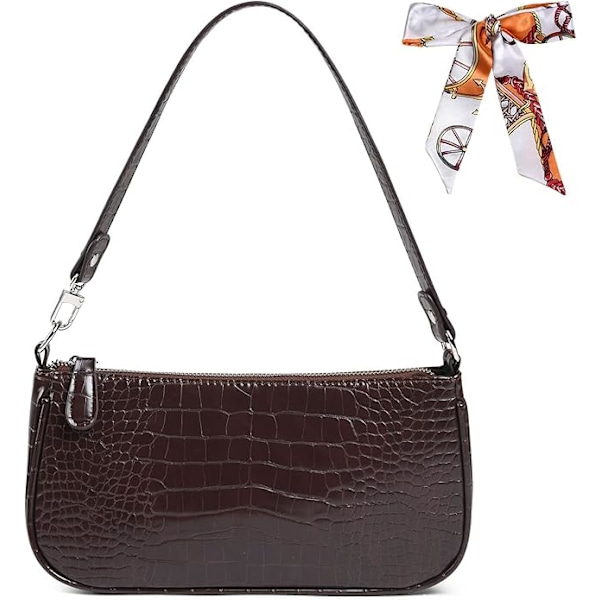 Läder axelväska för kvinnor, Mini handväska med krokodil liten crossbody väska Klassisk för kvinnor 90-talets miniväskor med kedja Brown
