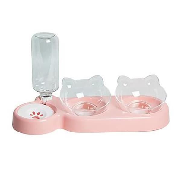 Dubbel 3-i-1 kattskål – skål, mat- och vattendispenser, 15° lutning, PP, Rosa