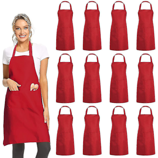 12-pack enfärgade förkläden med 2 fickor - Svart Unisex Kommersiella Förkläden Bulk B Red