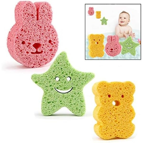 3 bath sponges in the shape of a star, colored rabbit, bear, cute cartoon character