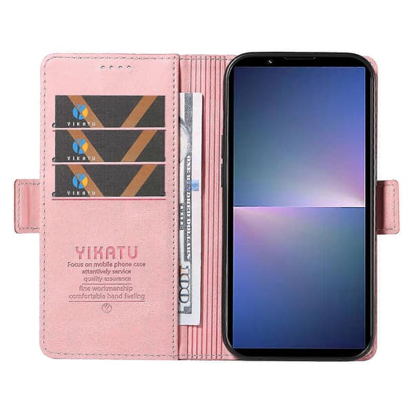 Læder telefoncover med foldbart stativ og pung til Sony Xperia 5 V Pink
