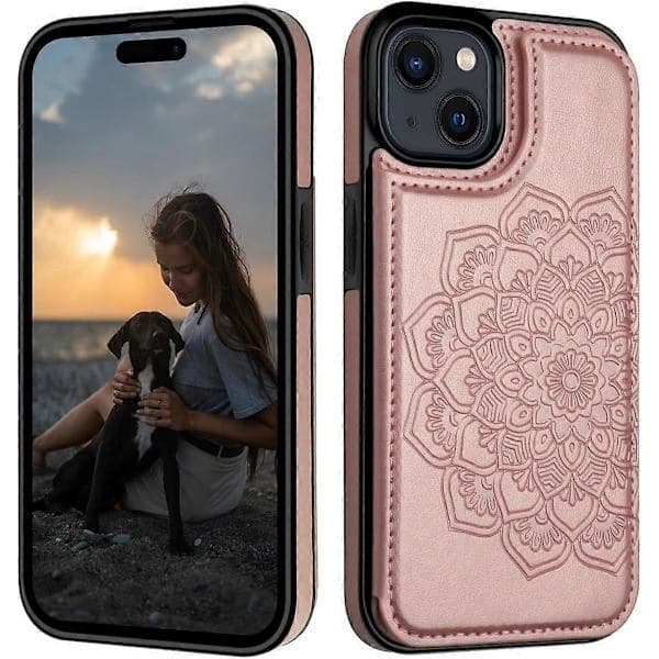 iPhone 15-deksel med kortholder, blomstret magnetisk flippdeksel til iPhone 15 lommebokdeksel for kvinner