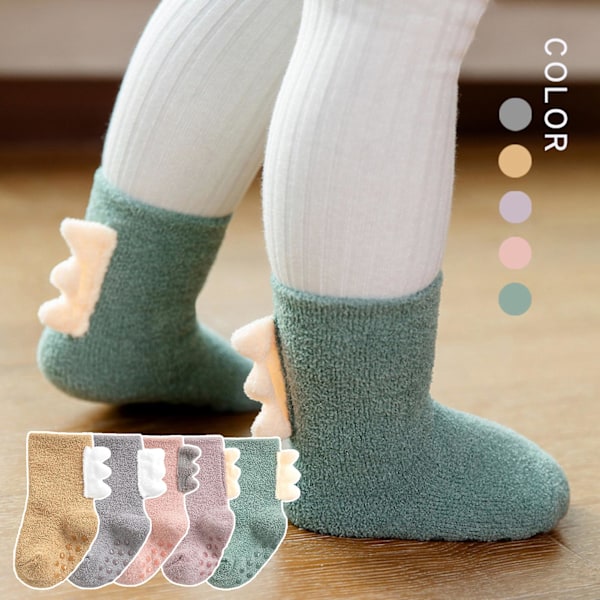 1 Par Toddlerstrumpor Tjocka Söta Sulor 3D Mjuka Håller Varma Korallfleece Dinosaurieutseende Babygolvstrumpor för Sovning Grey L