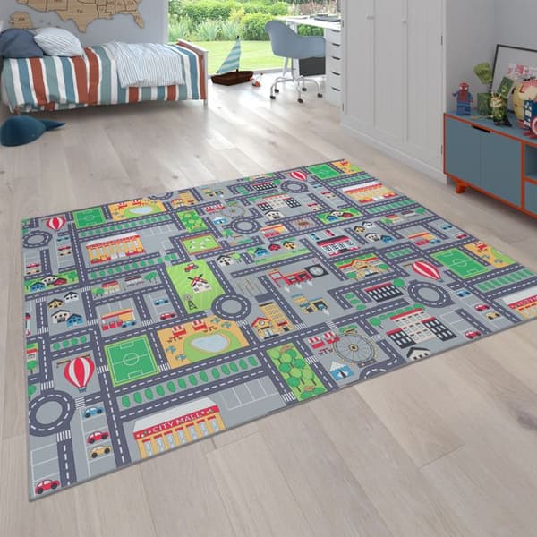 Paco Home Lekematte, Barneromsteppe, Gatedesign med bil - Grå 3 - 80x150 cm 80x150 cm