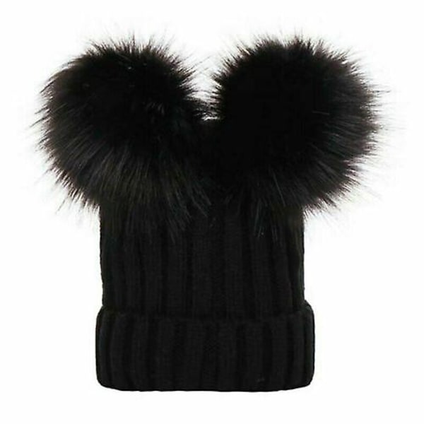 Vastasyntyneen vauvan pojan ja tytön kaksinkertainen turkispompon hattu, talvinen lämmin neulottu bobble-pipo Black Adult