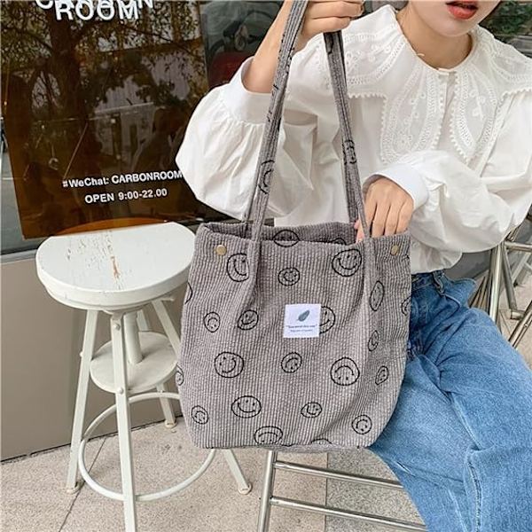 Smiley Face Tote Bag, Corduroy Tote Bag Aesthetic Smiley Cute Tote Bags Handbag Shoulder Bags Teen Girls Trendy Stuff