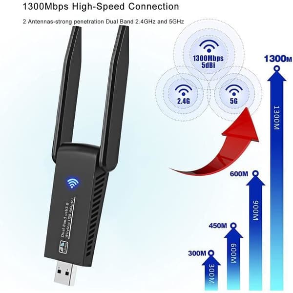 WiFi-adapter 1300 Mbps - Dualband-adapter - 5dBi-antenn - USB 3.0 - Enkel installation
