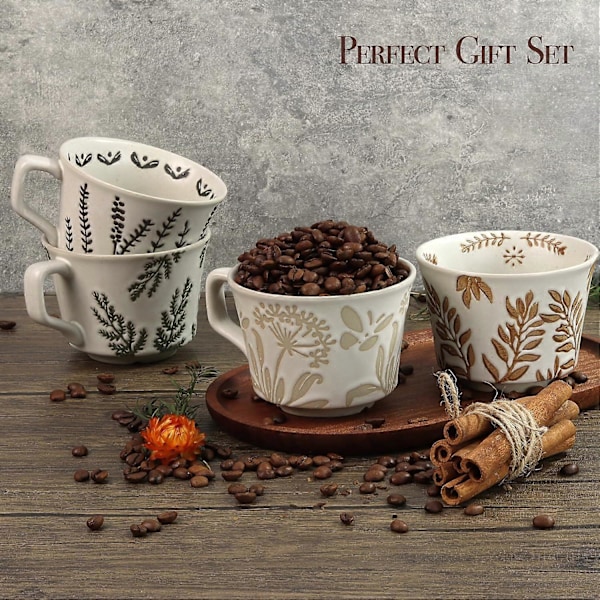 SBSG Keramisk Kaffekopp, 35 cl Nyhet Unik Tekopp med Stort Håndtak, Steinware Kopp for Te Mokka Latte Cappuccino Espresso (1 Pakke, Blad)