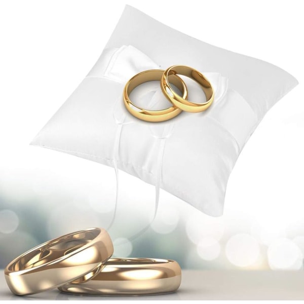 Hvit sateng sløyfe ringbærer holder puter med simulert perle bryllup ring pute bryllup forlovelse fest tilbehør(2#)