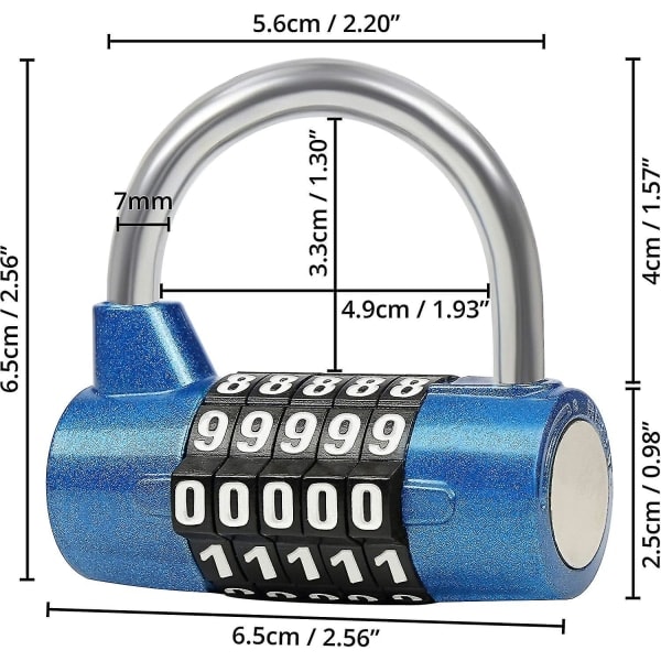 Blå 5-sifret kode-lås (2-pakning) - 6,5 x 2,5 cm - Innendørs/utendørs tilbakestillbar og vanntett hengelås - Treningsromslås, arbeid og skole, dører, gjerder