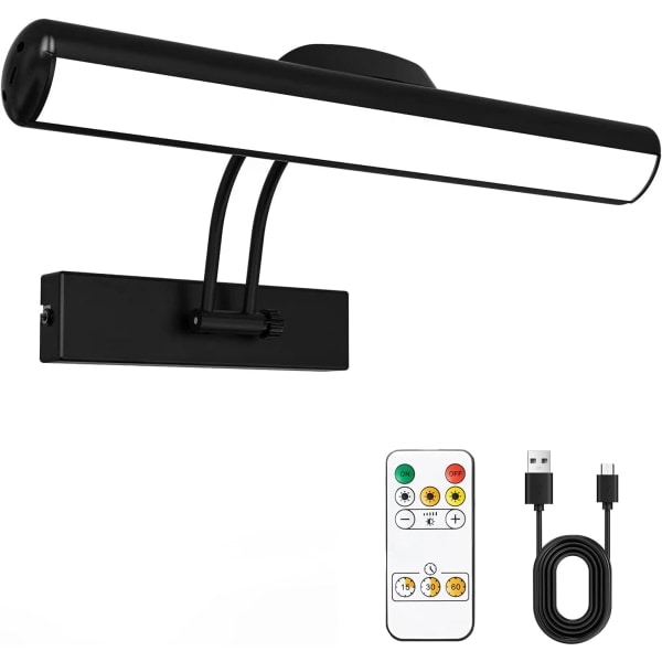 Fjernbetjening Vægskinne, Trådløs LED Billedelys, Roterende LED Lyshoved med Timer, 180° Drejelig Arm Billedelys, Sort, 32cm
