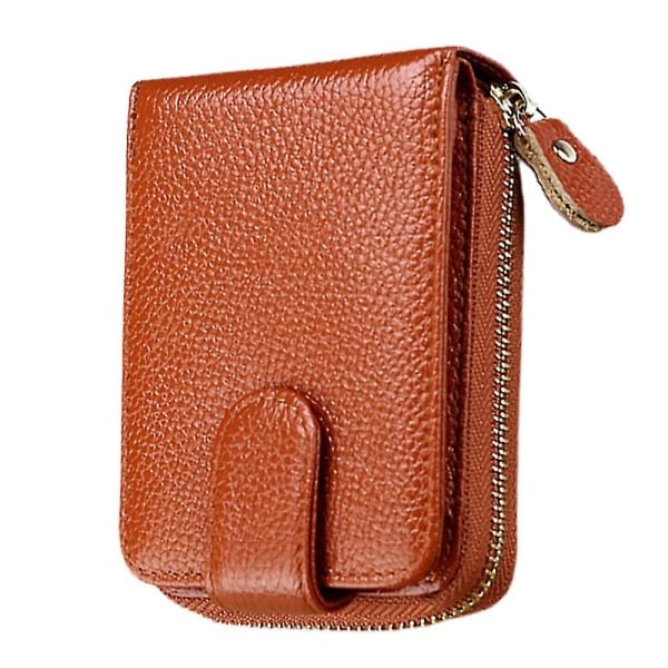 Card Holder Wallet for Women/Men, Small Leather Zipper Card Holder Case with ID Window, 11*8*4cm Brown