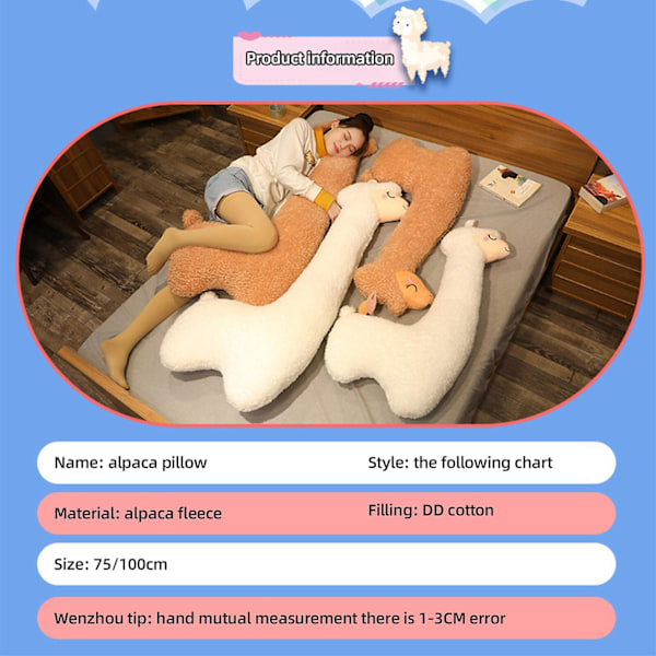 2024 Llama Krops pude, Gigant Alpaca Plys Lang Krops Pude, Fluffy Alpaca Fyldt Dyr, Knusbar Alpaca Lang Pude Brown 75cm