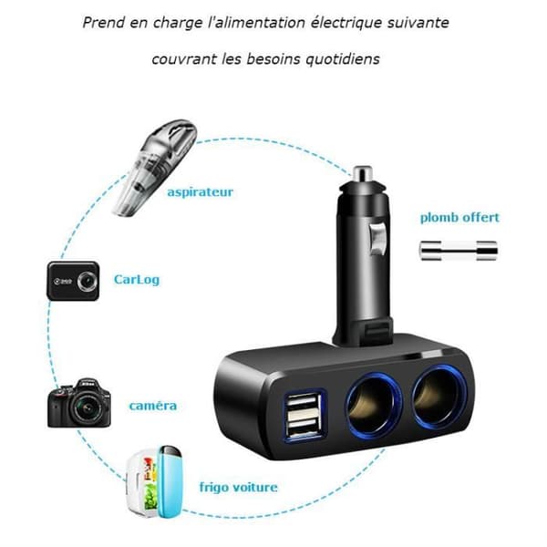 12V Multi-stikoplader - Ecent - 2 cigarettænderstik - 2 USB-porte - Integreret LED