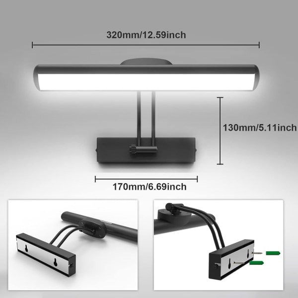 Fjernbetjening Vægskinne, Trådløs LED Billedelys, Roterende LED Lyshoved med Timer, 180° Drejelig Arm Billedelys, Sort, 32cm