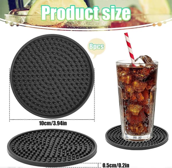 8 stk. sorte coasters, tykt design (0,2 tommer), silikone coasters til drikkevarer, kaffepuder øl barmåtte (sort)