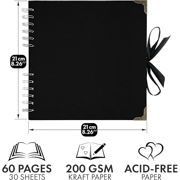 Firkantede Scrapbog Fotoalbum 60 Sider (21 x 21 cm) Sort Tykt 120gsm Kraftpapir Scrapbog Black