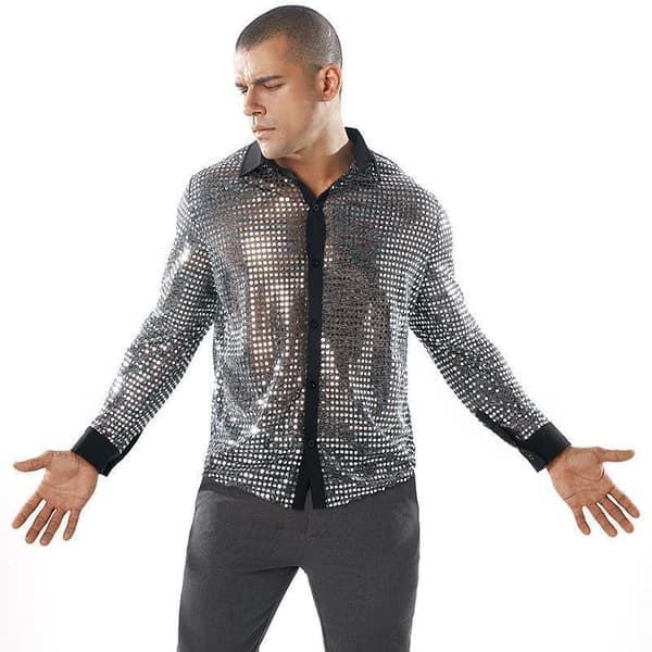 Skinnende Paillet Disco Danse Mesh Top til Mænd - 60'er 70'er Festskjorte Sort Black S