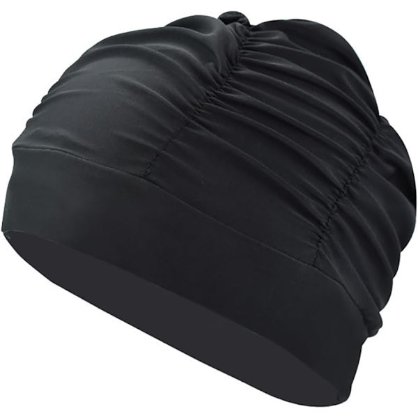 Plisseret badehætte til kvinder, langhårs badehætte, super elastisk badehætte, strand surfing hætte, komfortabel brusehætte (sort)