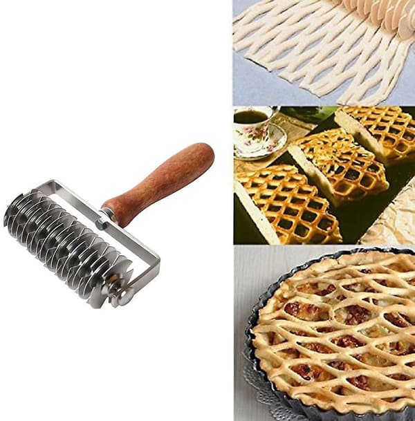 Rustfrit Stål Dejgitter Top Cookie Pie Pizza Brød Pastry Crust Roller Cutter, Træhåndtag