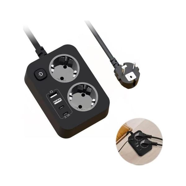 Strømuttak med 1 stikkontakt + 4 USB-porter – Ideell for hjem, kontor og reise