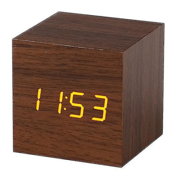 Träklocka kreativ elektronisk klocka fyrkantig digital klocka mini väckarklocka termometer sängklocka (tid, datum temperatur) -A2