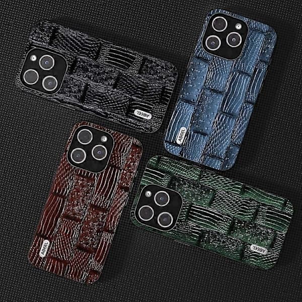 Til iPhone 15 ABEEL Ægte Læder Mahjong Mønster Sort Kant Telefon Cover